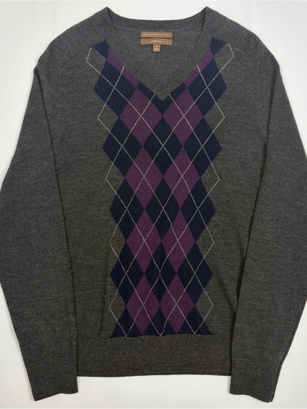 Italian Merino Wool Argyle Sweater Men M Gray Purple Soft Luxury Preppy Golf